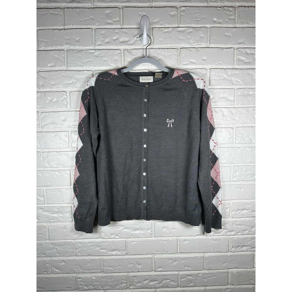 Studio Works S‎ Gray Pink Argyle Bow Cardigan Sweater Preppy Coquette